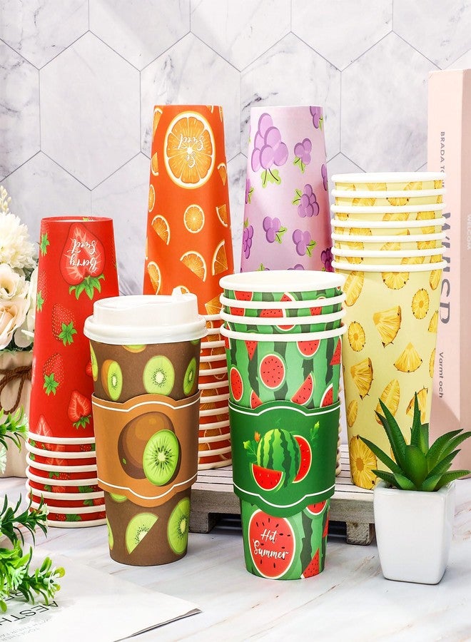 JarThenaAMCS 90 Set Fruit Disposable Coffee Cups with Lids and Sleeves Strawberry Watermelon Orange Pineapple Grape Kiwi Paper Drinking Cups for?Fruit Party Supplies - Image 4